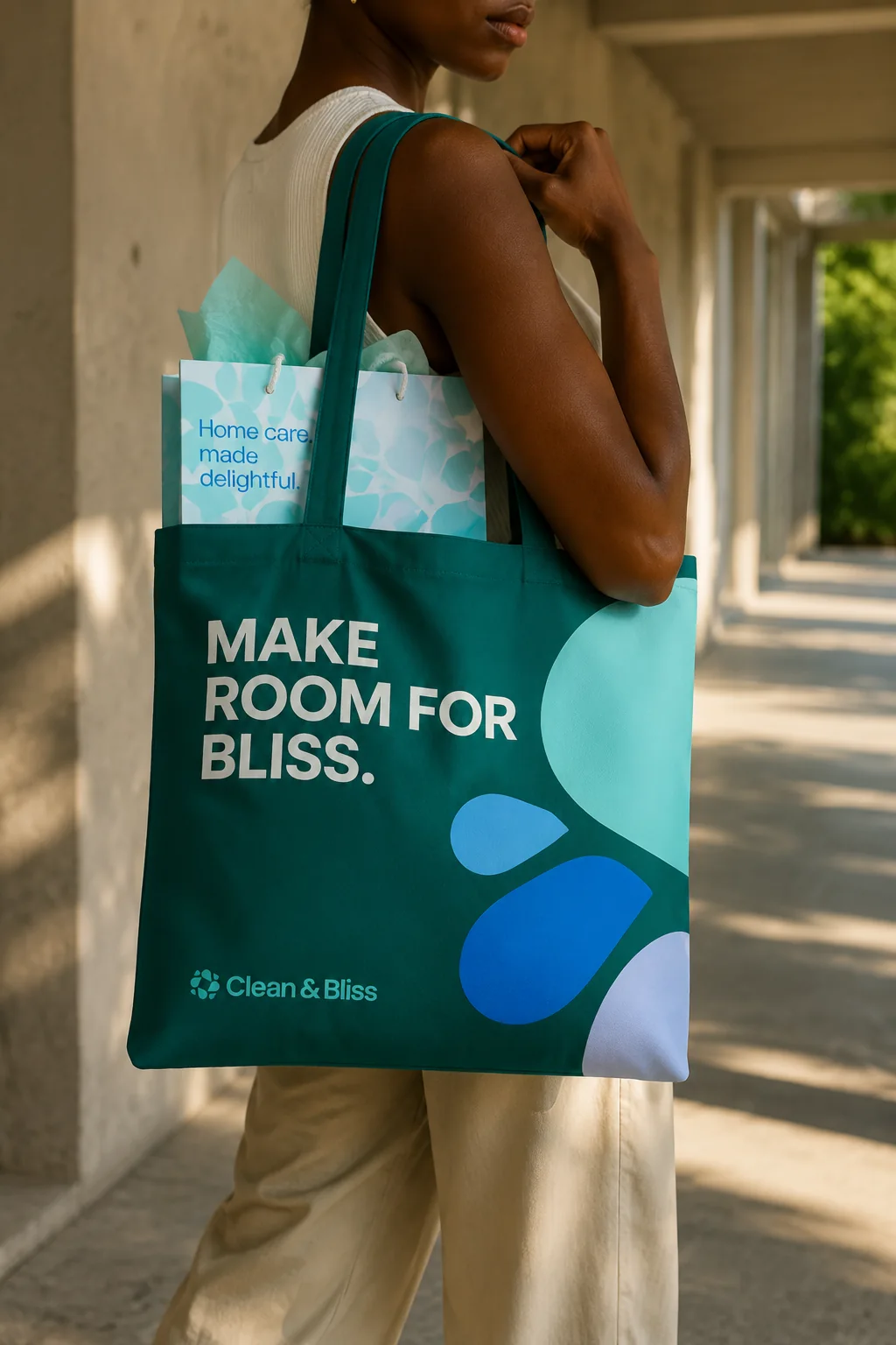 Clean and Bliss reusable shopping tote carried outdoors